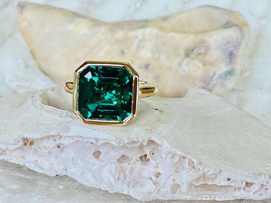 14k Asscher Cut Green Emerald Solitaire Bezel Ring, Statement Ring