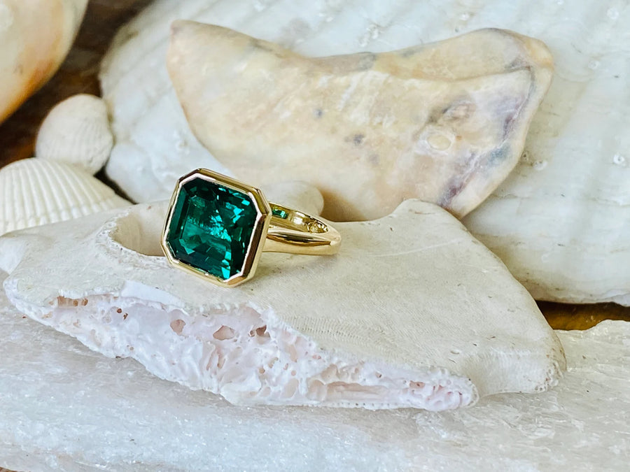 14k Asscher Cut Green Emerald Solitaire Bezel Ring, Statement Ring