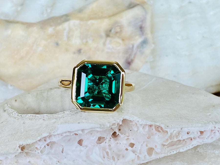 14k Asscher Cut Green Emerald Solitaire Bezel Ring, Statement Ring