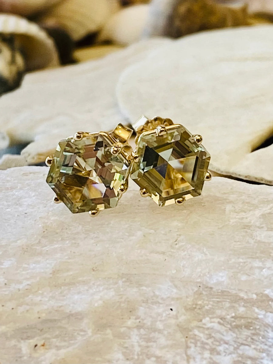 14k Hexagon Prasiolite Green Amethyst Stud Earrings