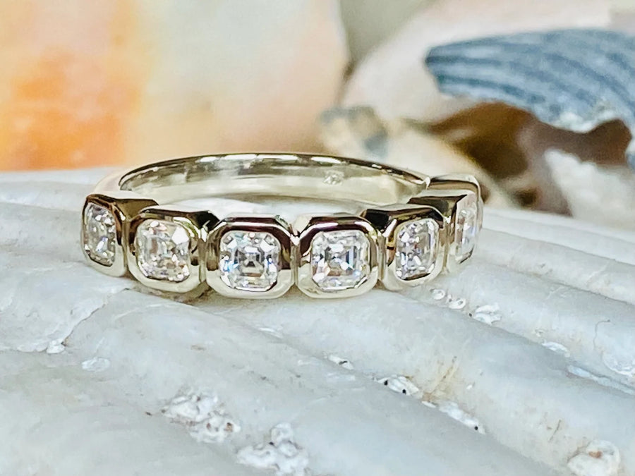 Asscher Cut Moissanite 7 Stone Bezel Wedding Band