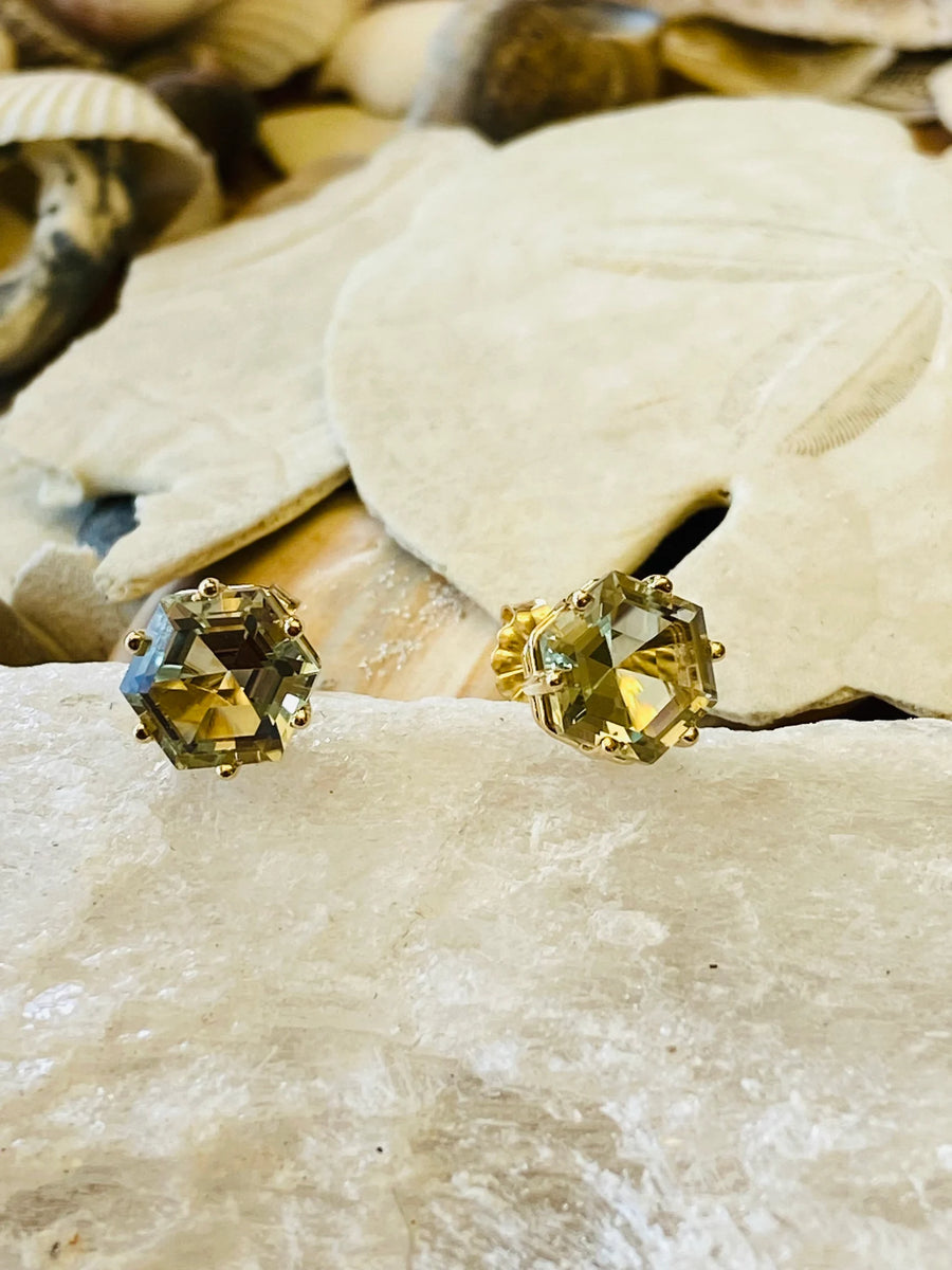 14k Hexagon Prasiolite Green Amethyst Stud Earrings