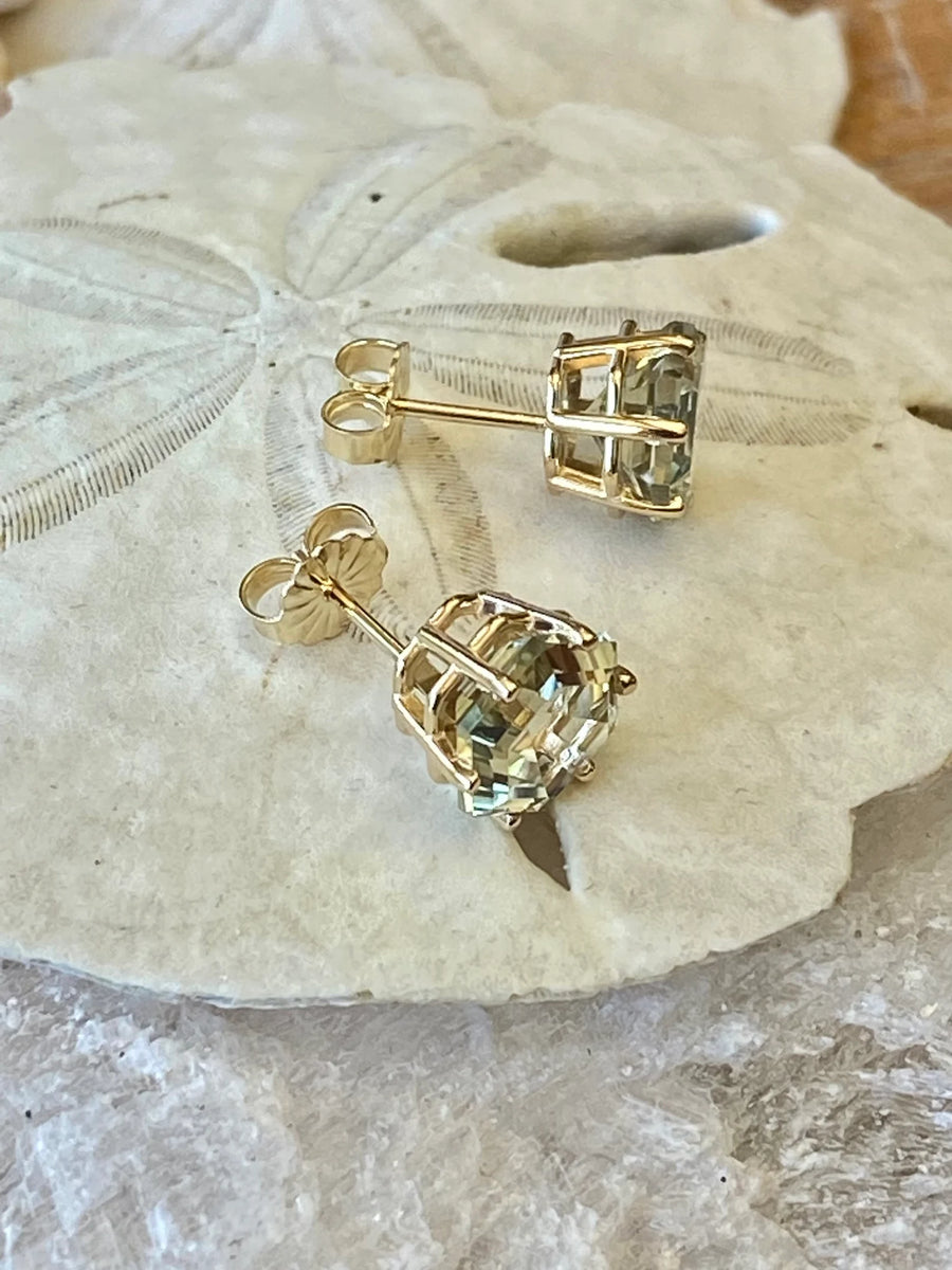 14k Hexagon Prasiolite Green Amethyst Stud Earrings