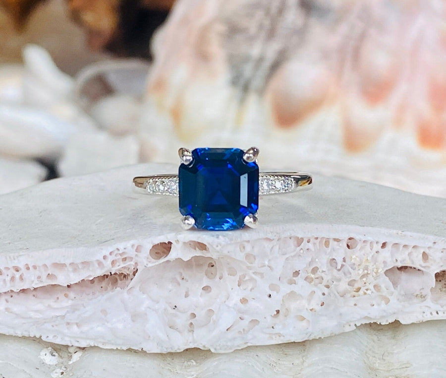 Asscher Cut Blue Sapphire and Diamond Unique Engagement Ring