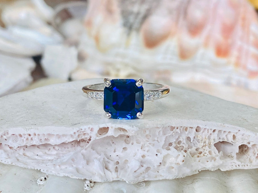 Asscher Cut Blue Sapphire and Diamond Unique Engagement Ring