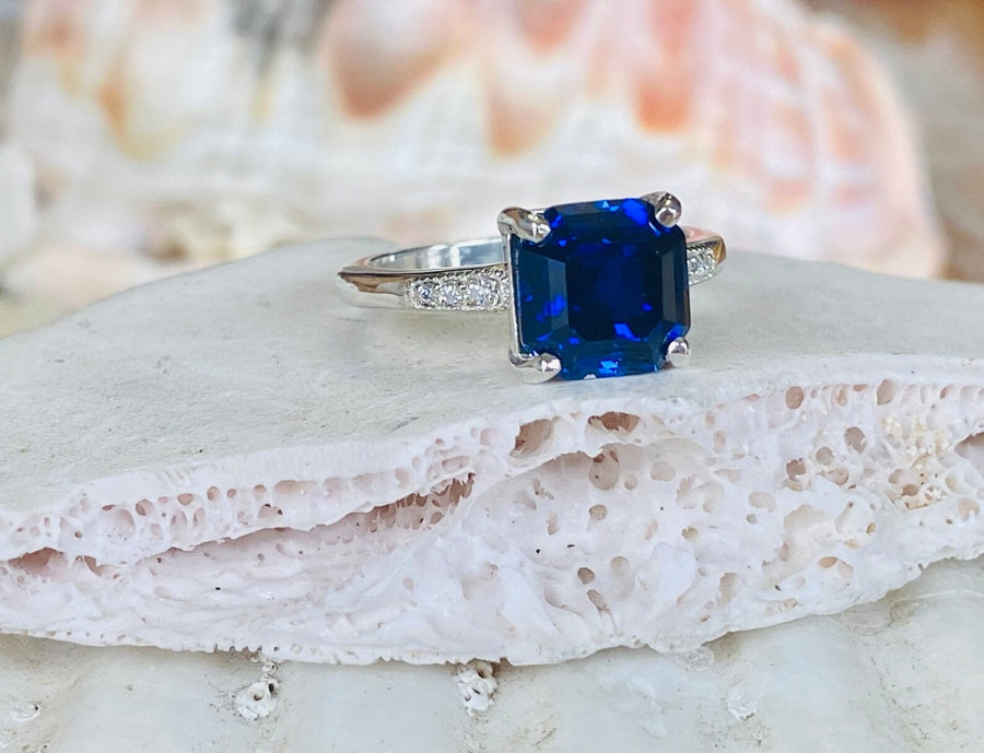 Asscher Cut Blue Sapphire and Diamond Unique Engagement Ring