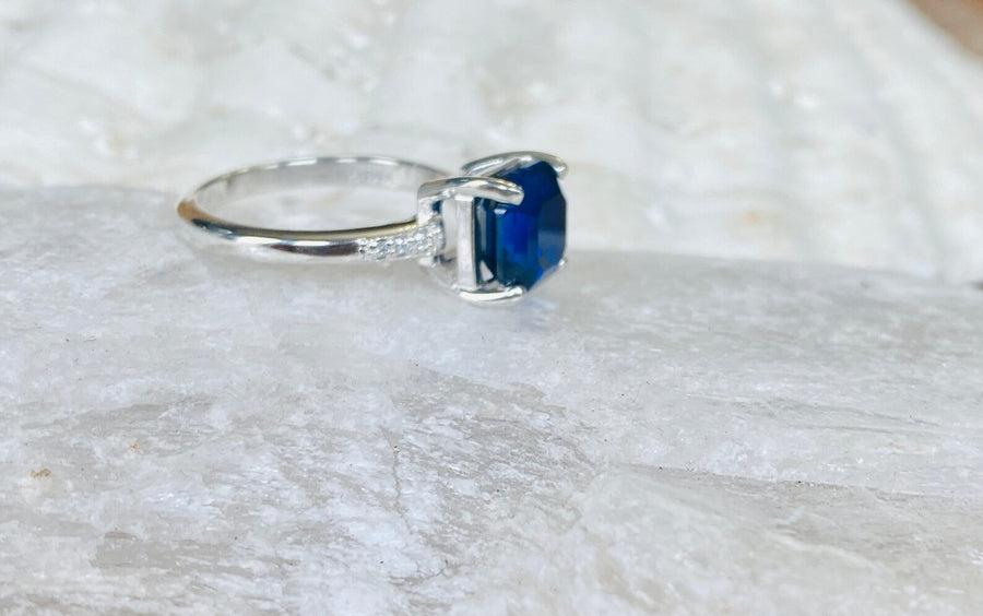 Asscher Cut Blue Sapphire and Diamond Unique Engagement Ring