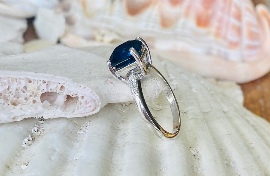 Asscher Cut Blue Sapphire and Diamond Unique Engagement Ring