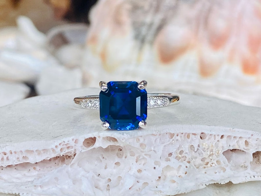 Asscher Cut Blue Sapphire and Diamond Unique Engagement Ring