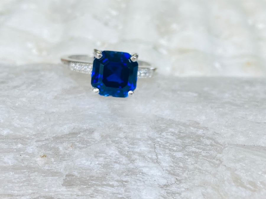 Asscher Cut Blue Sapphire and Diamond Unique Engagement Ring