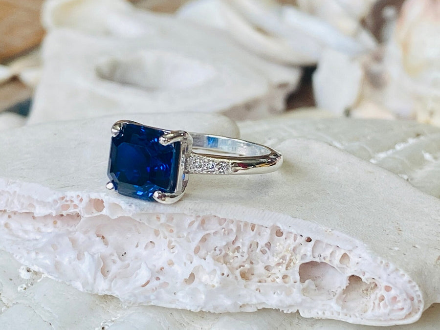 Asscher Cut Blue Sapphire and Diamond Unique Engagement Ring