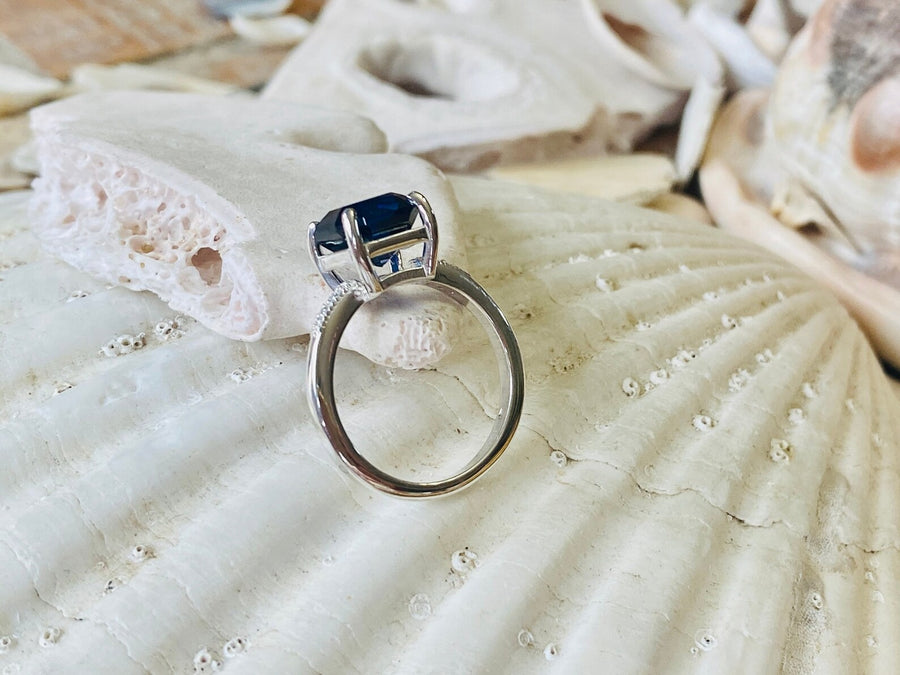 Asscher Cut Blue Sapphire and Diamond Unique Engagement Ring