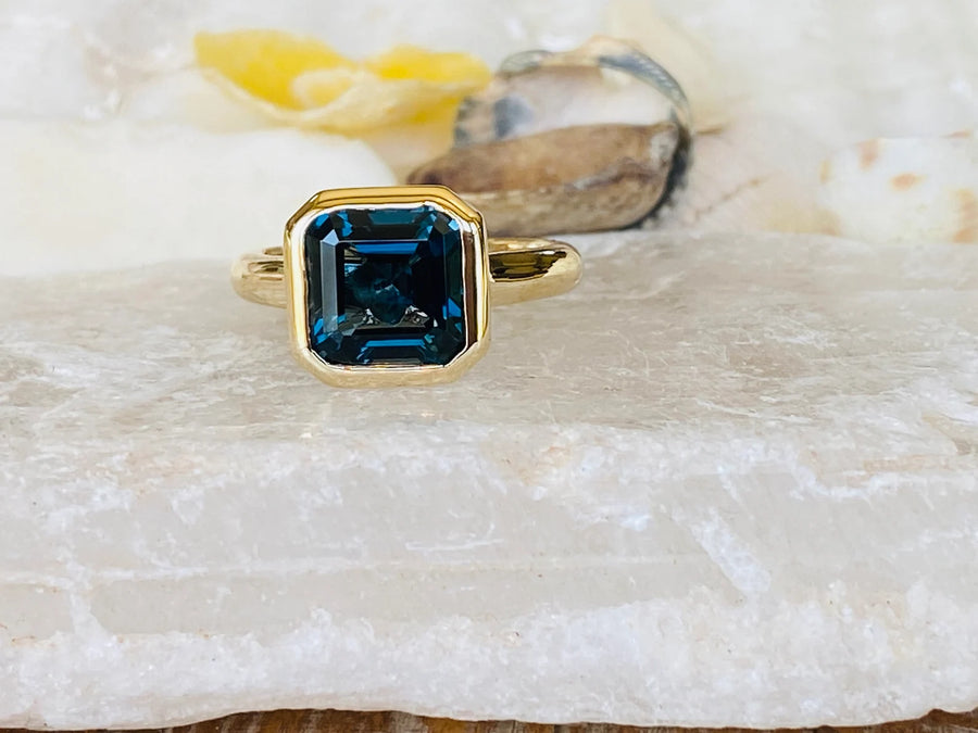 14k Asscher Cut London Blue Topaz Solitaire Bezel Ring