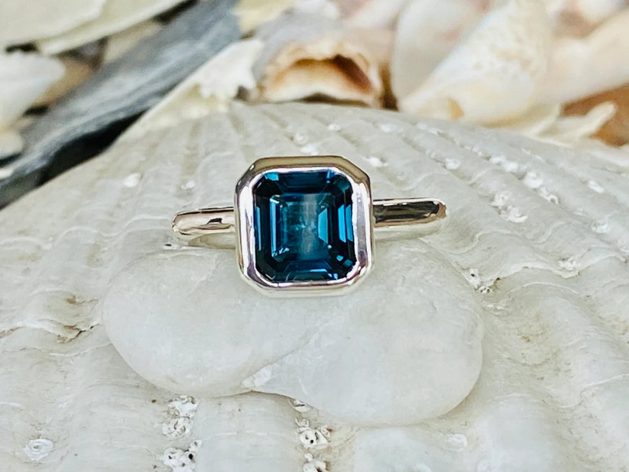 14k Asscher Cut London Blue Topaz Solitaire Bezel Ring