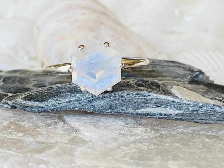 Natural Rainbow Moonstone Hexagon Ring