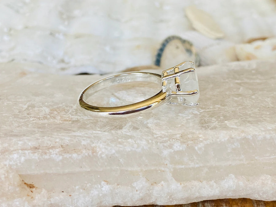 Natural Rainbow Moonstone Hexagon Ring