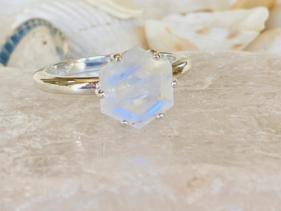 Natural Rainbow Moonstone Hexagon Ring