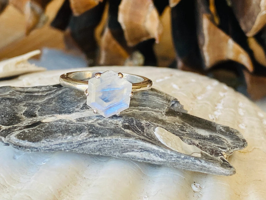 Natural Rainbow Moonstone Hexagon Ring