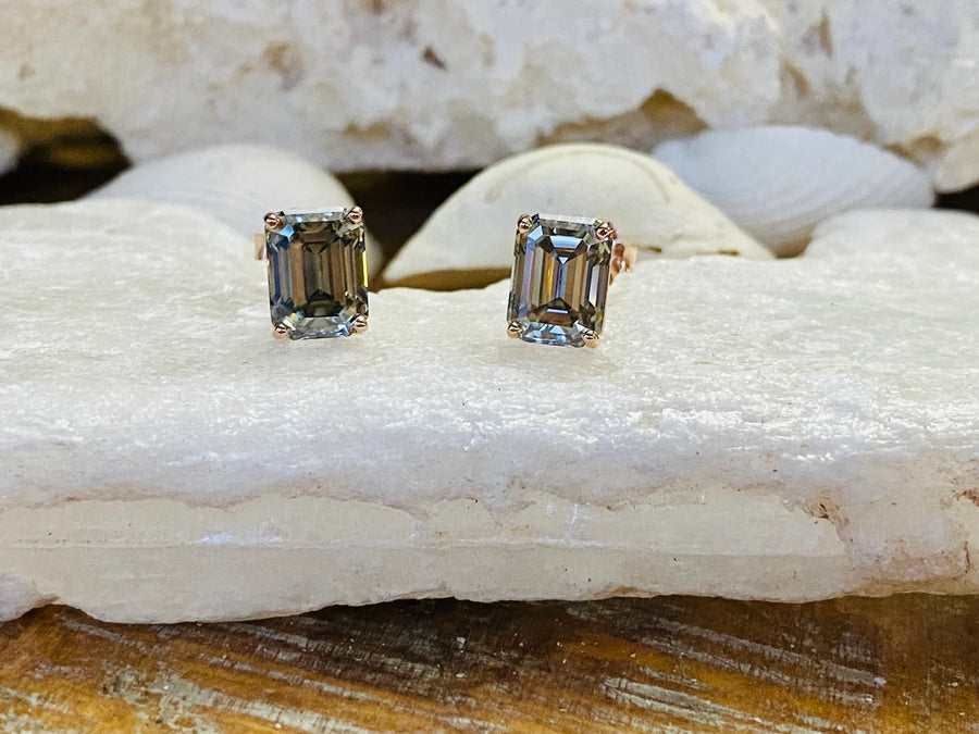 14k Emerald Cut Grey Moissanite Stud Earrings