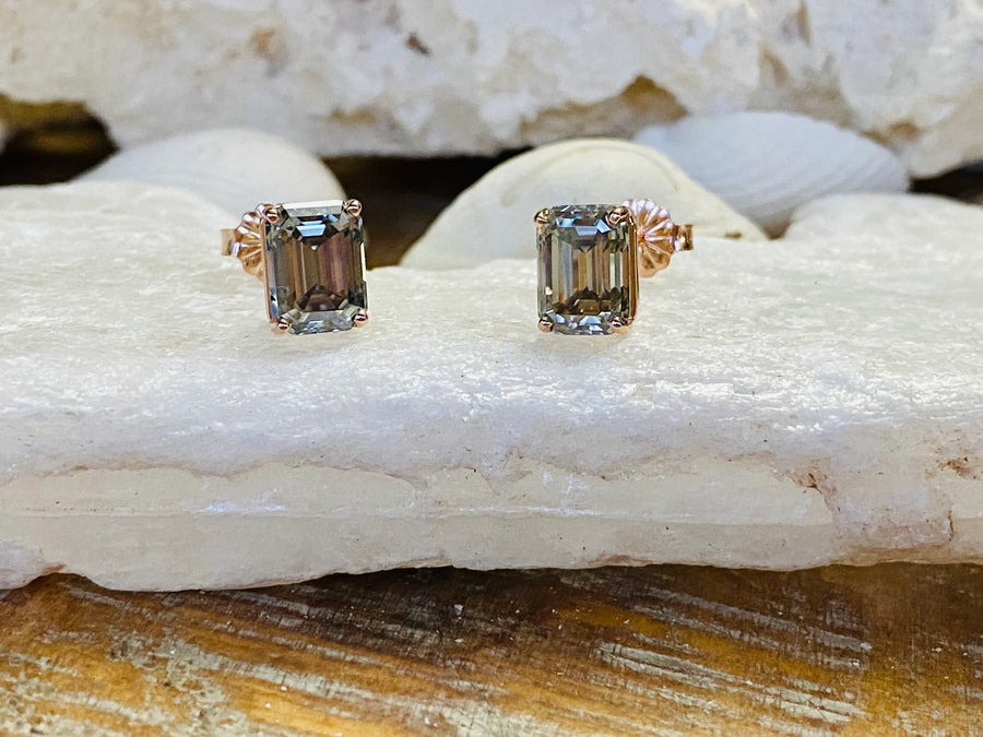 14k Emerald Cut Grey Moissanite Stud Earrings