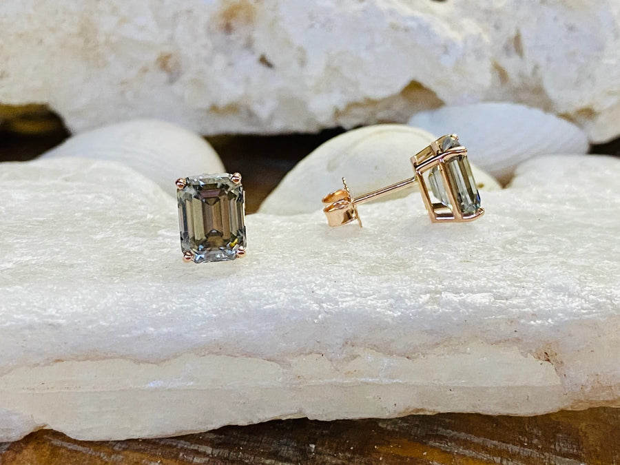 14k Emerald Cut Grey Moissanite Stud Earrings