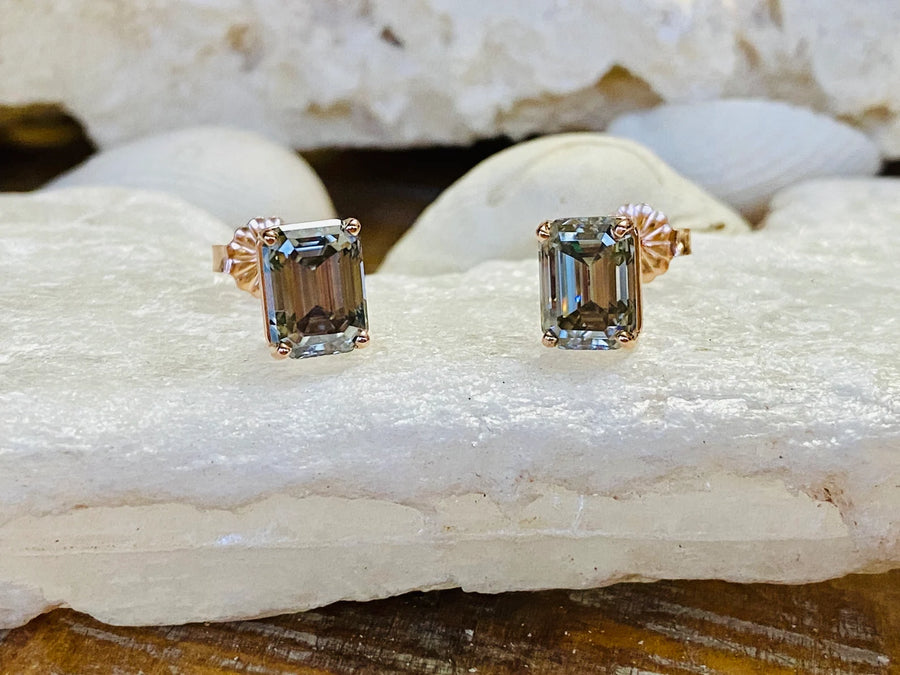 14k Emerald Cut Grey Moissanite Stud Earrings