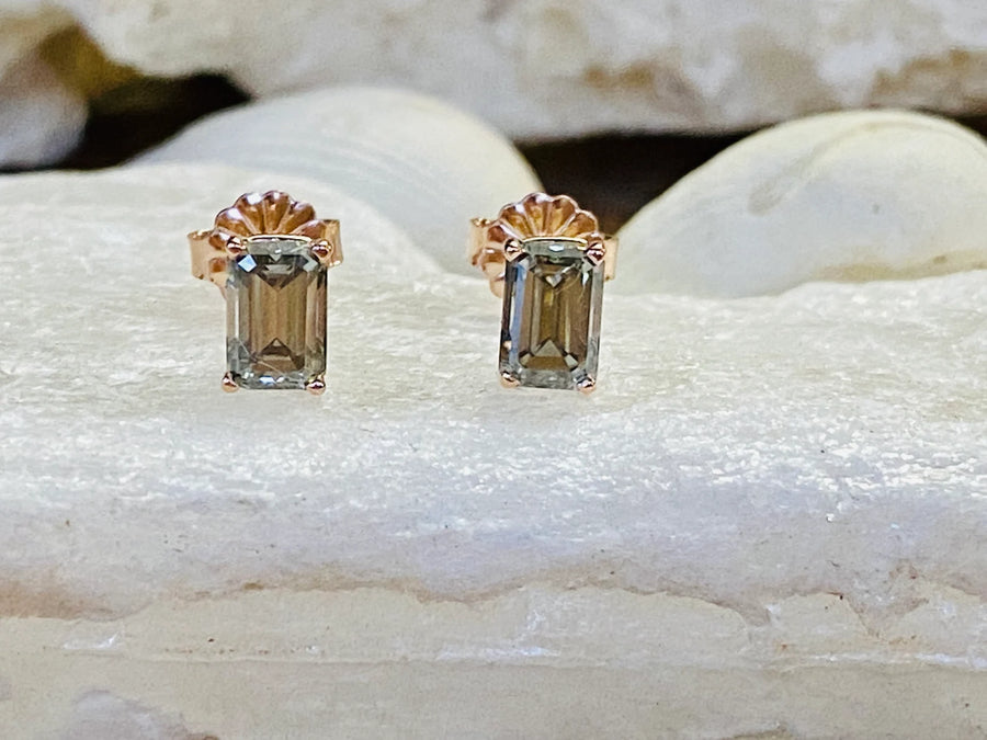 14k Emerald Cut Grey Moissanite Stud Earrings