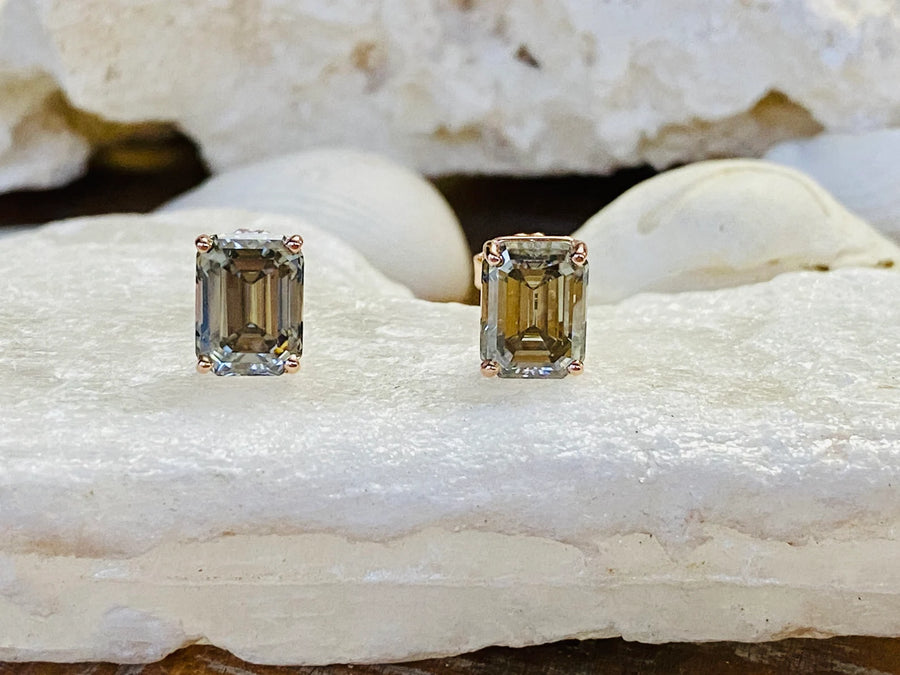 14k Emerald Cut Grey Moissanite Stud Earrings