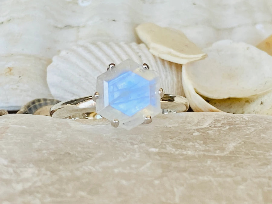 Natural Rainbow Moonstone Hexagon Ring