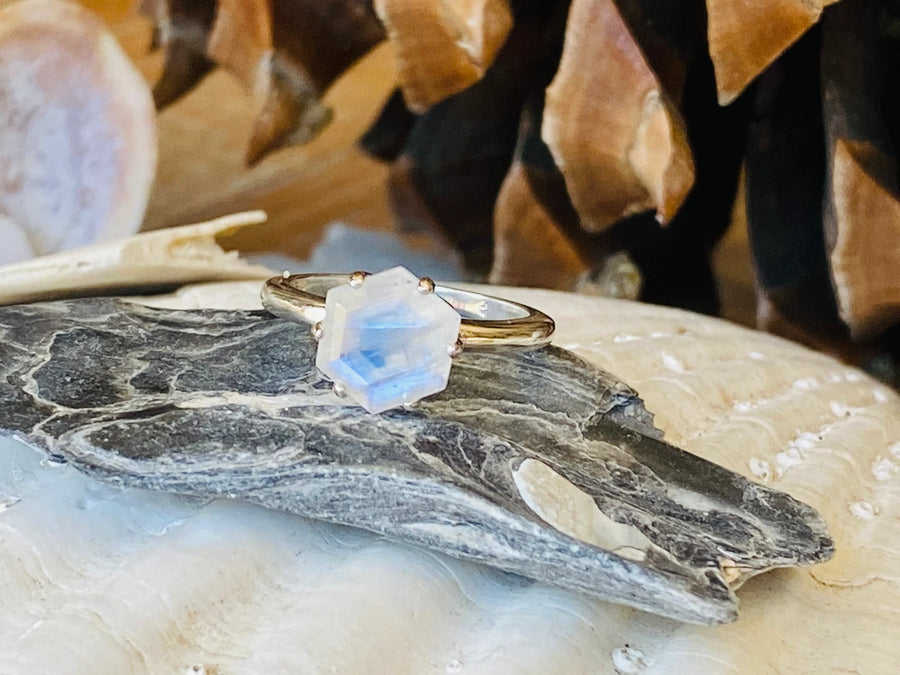 Natural Rainbow Moonstone Hexagon Ring