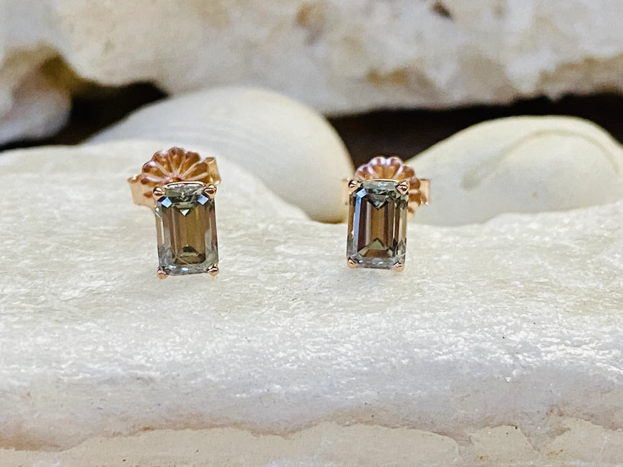 14k Emerald Cut Grey Moissanite 1.5ct Stud Earrings