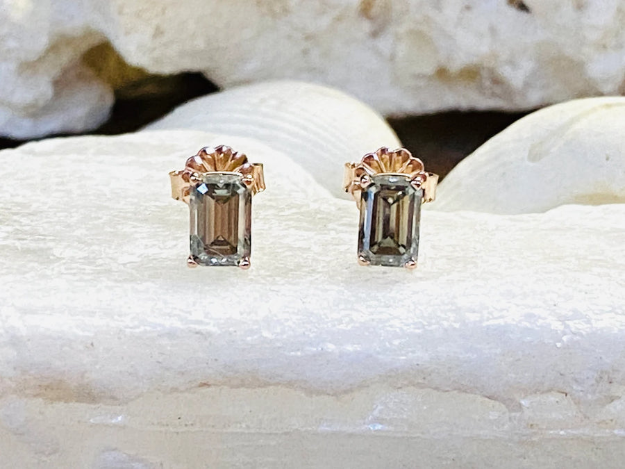 14k Emerald Cut Grey Moissanite 1.5ct Stud Earrings