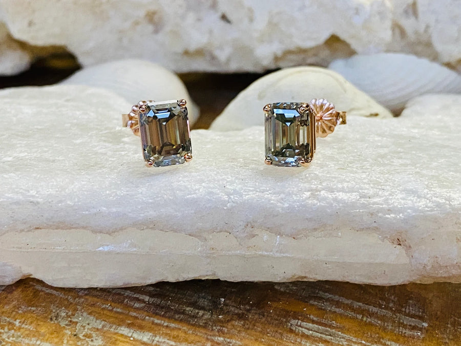 14k Emerald Cut Grey Moissanite Stud Earrings