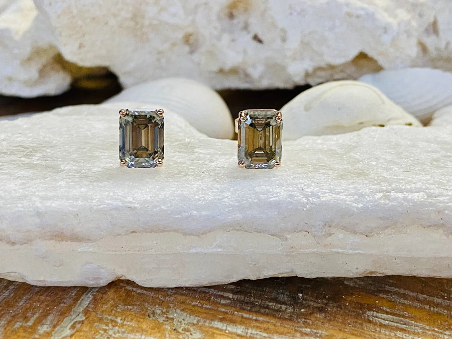 14k Emerald Cut Grey Moissanite Stud Earrings