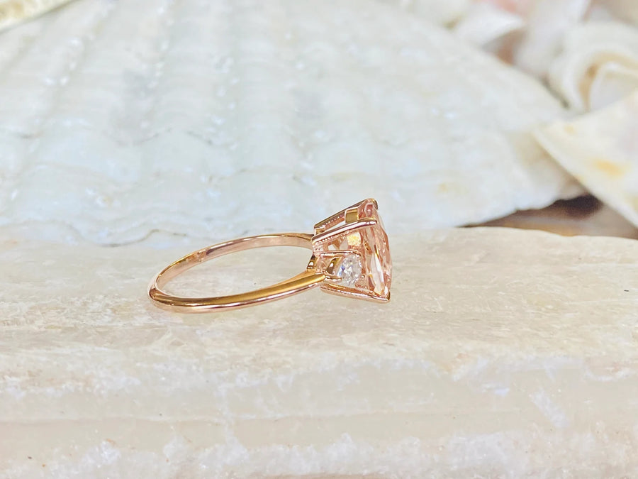 14k Elongated Cushion Cut Natural Morganite Three Stone Engagement Ring