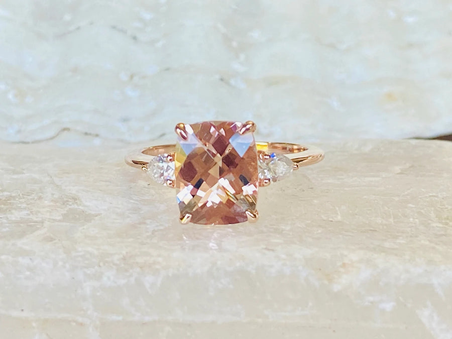 14k Elongated Cushion Cut Natural Morganite Three Stone Engagement Ring