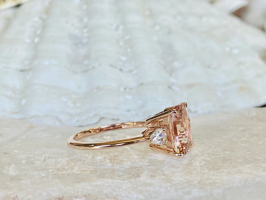 14k Elongated Cushion Cut Natural Morganite Three Stone Engagement Ring