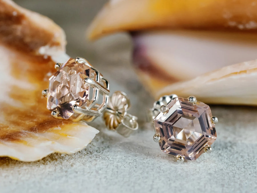 14k Morganite Hexagon Stud Earrings