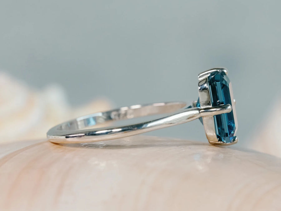 14k London Blue Topaz Solitaire Ring, Compass Setting