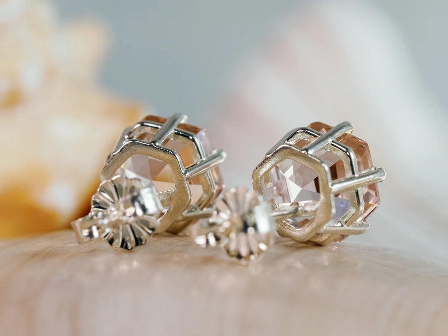 14k Morganite Hexagon Stud Earrings