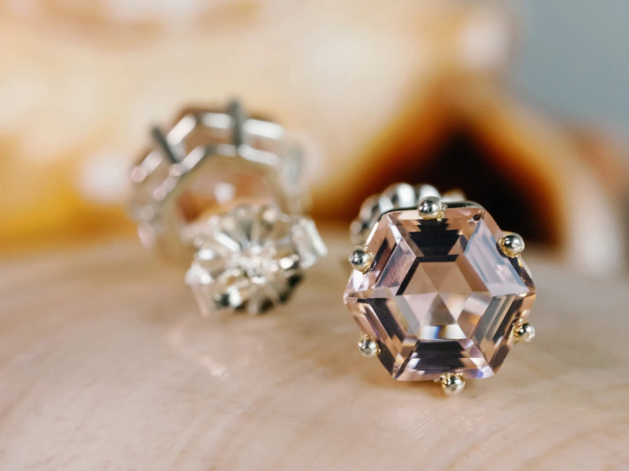 14k Morganite Hexagon Stud Earrings