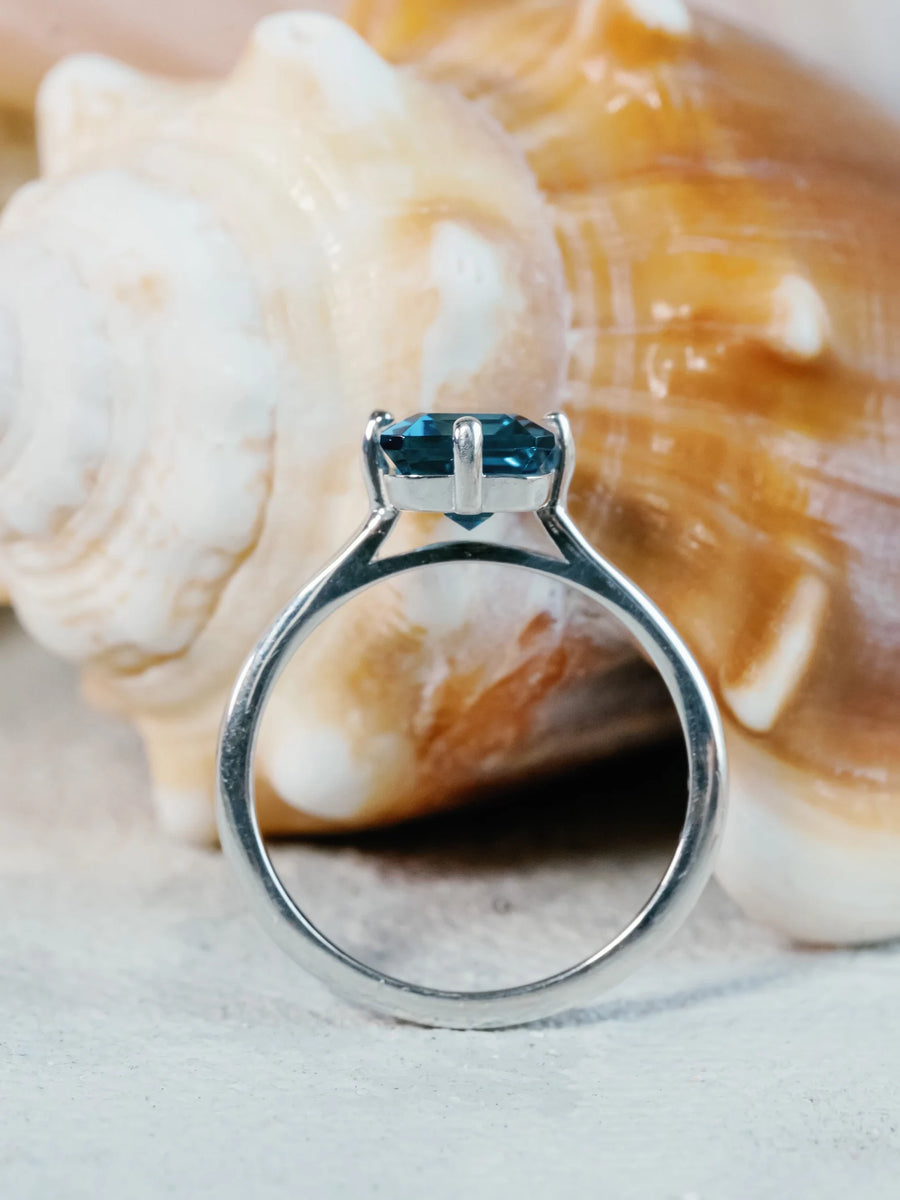 14k London Blue Topaz Solitaire Ring, Compass Setting