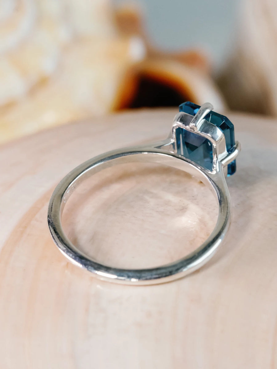 14k London Blue Topaz Solitaire Ring, Compass Setting