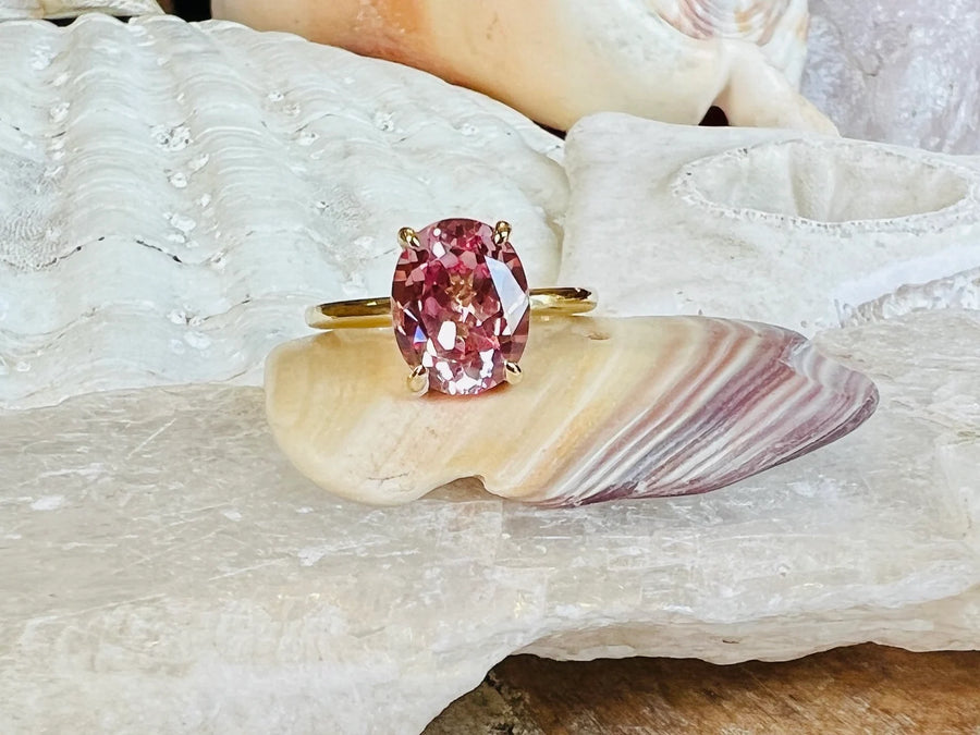 14k Oval Padparadscha Pink Sapphire Solitaire Ring