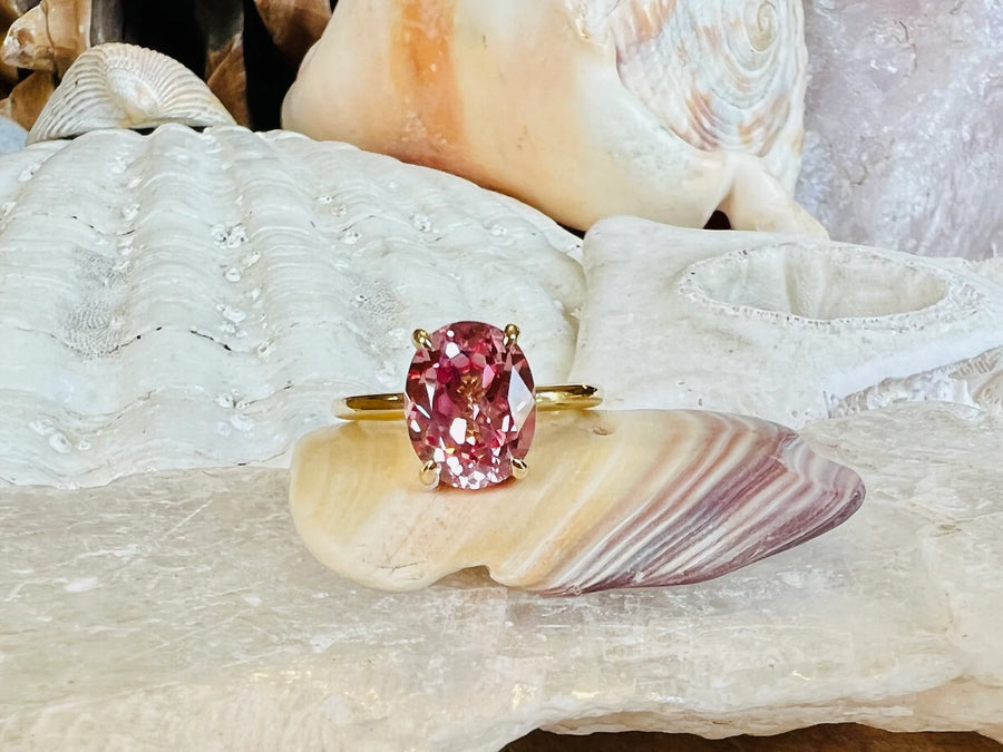 14k Oval Padparadscha Pink Sapphire Solitaire Ring