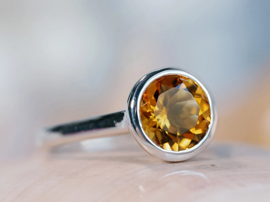 14k Round Natural Yellow Citrine Bezel Ring