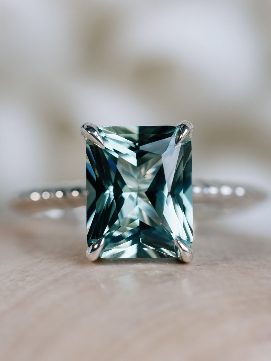 Radiant Cut 3.00ct Large Green Lab Grown Sapphire Ring