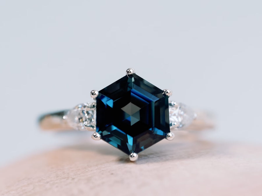 Hexagon Cut Natural London Blue Topaz and Moissanite Three Stone Ring