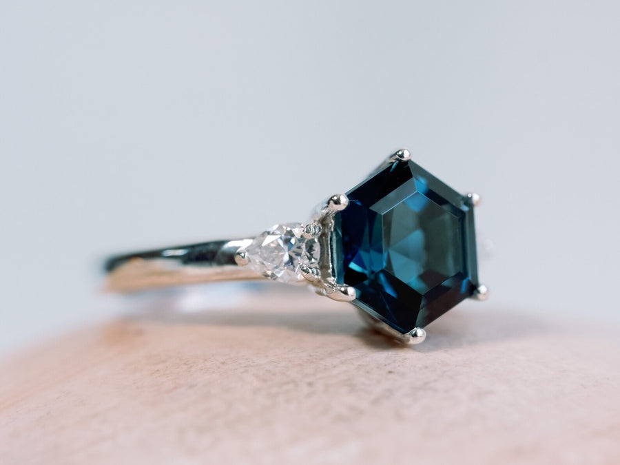 Hexagon Cut Natural London Blue Topaz and Moissanite Three Stone Ring