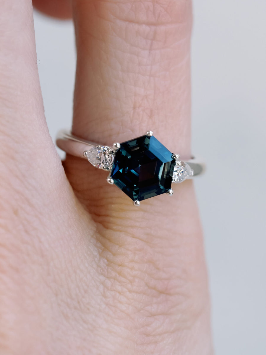 Hexagon Cut Natural London Blue Topaz and Moissanite Three Stone Ring